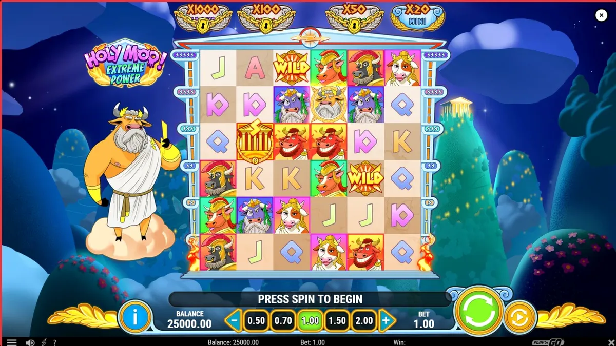 Tampilan visual slot Holy Moo! Extreme Power dengan karakter sapi mitologi