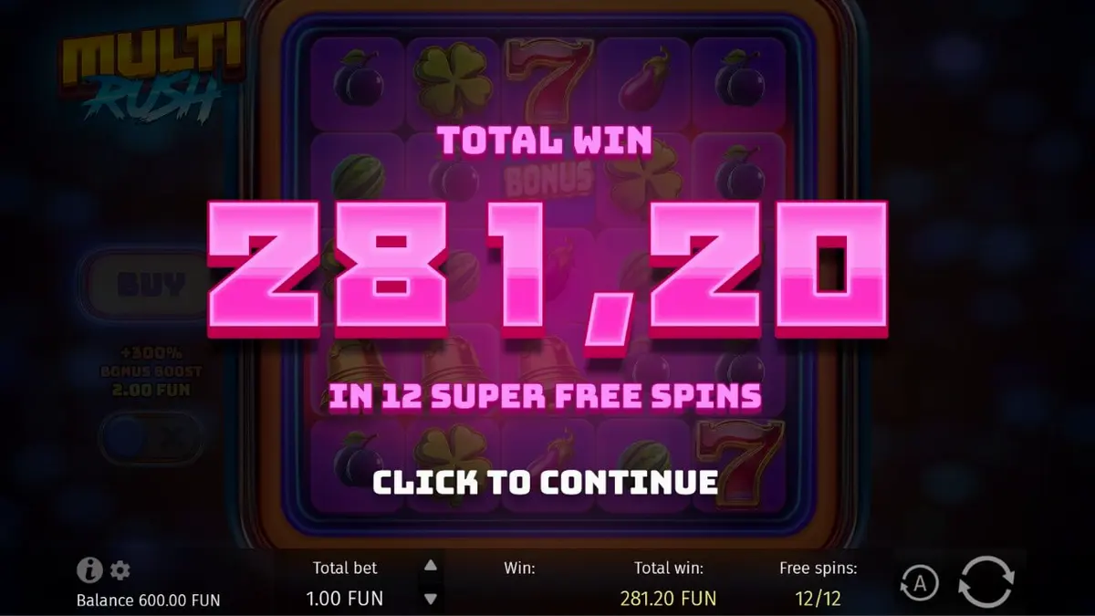 Tampilan visual slot Multi Rush dengan tema neon buah dan simbol retro.